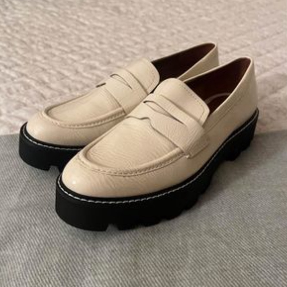Franco Sarto white pleather platform loafers